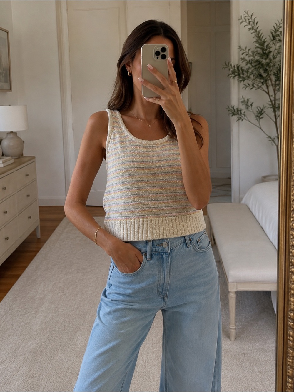 LOFT Cream Knit Tank with Pastel Stripes